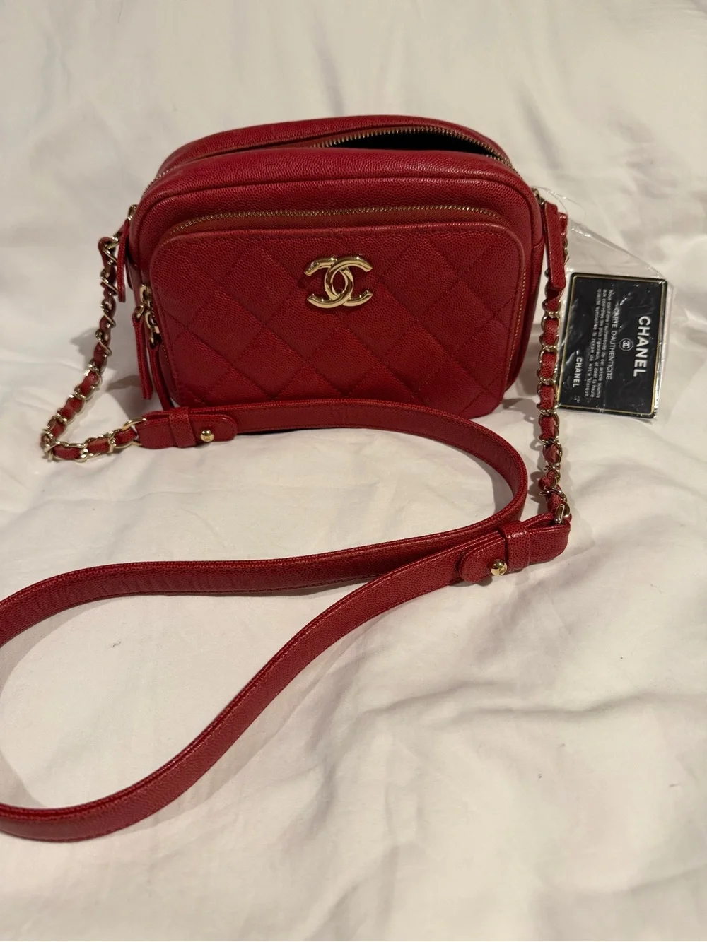 CHANEL Red Quilted Leather Camera Crossbody with Gold Hardware